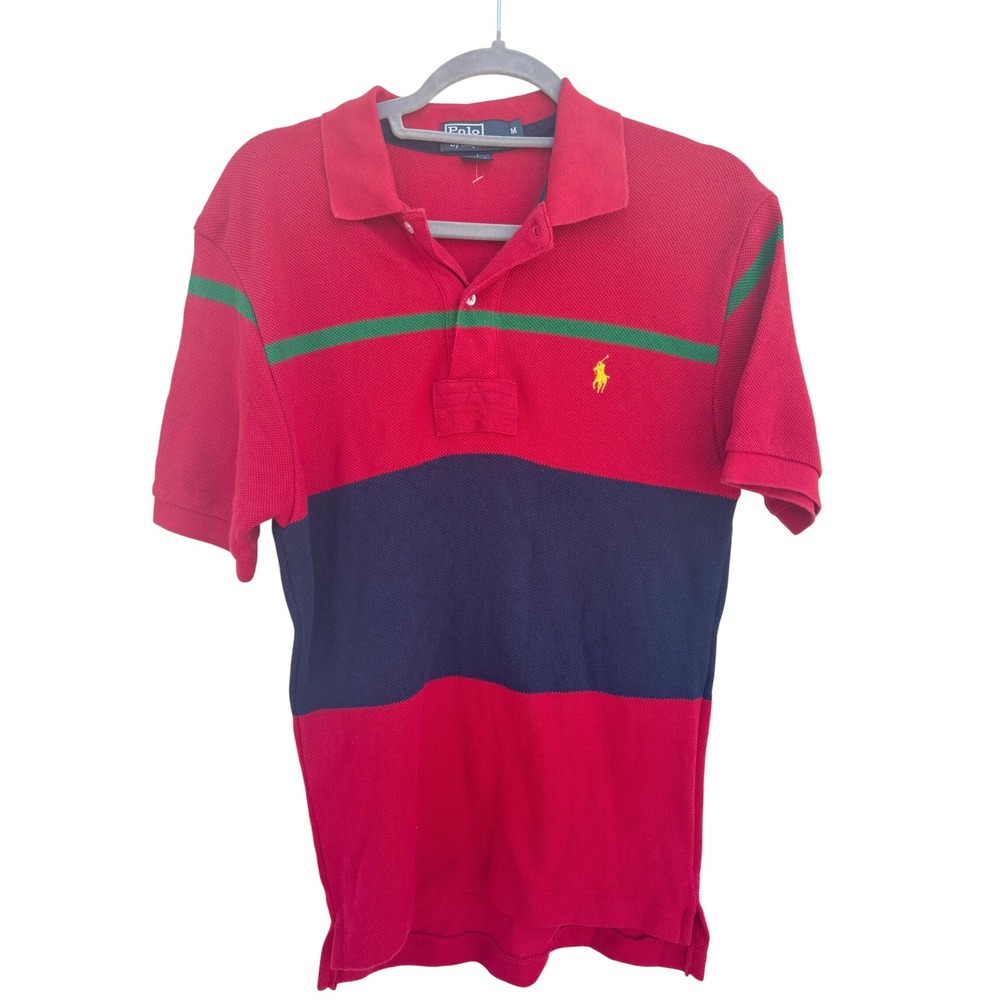 Polo Ralph Lauren Men's Red Navy Green Striped Polo Shirt Classic Fit Medium‎
